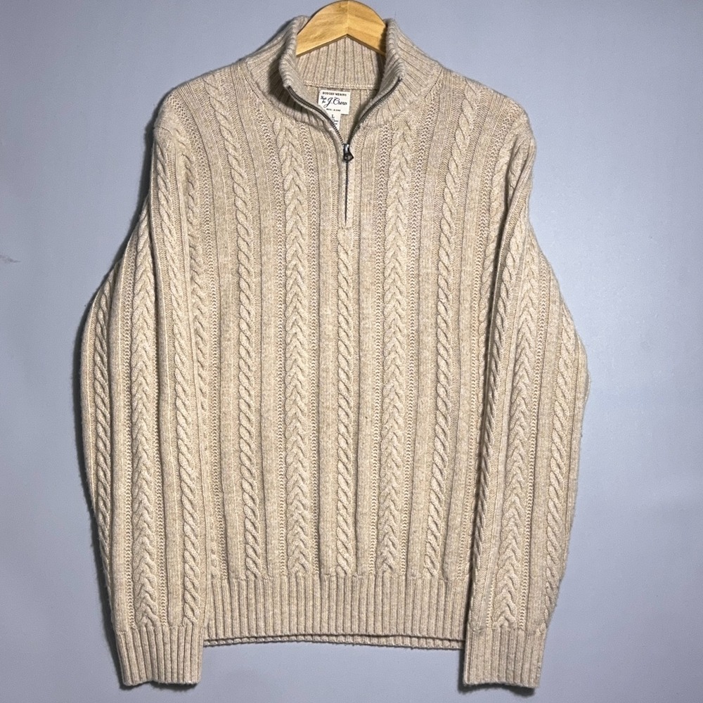 J Crew Rugged Merino Wool Cable Knit 1/4 Zip Mock Neck Sweater Mens Size Large
